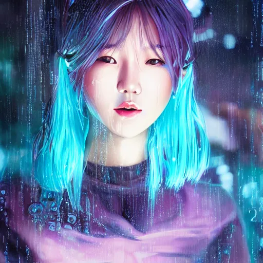 Image similar to a photo portrait of kim sung hee in the rain with blue hair, cute - fine - face, pretty face, cyberpunk art by sim sa - jeong, cgsociety, synchromism, detailed painting, glowing neon, digital illustration, perfect face, extremely fine details, realistic shaded lighting, dynamic colorful background