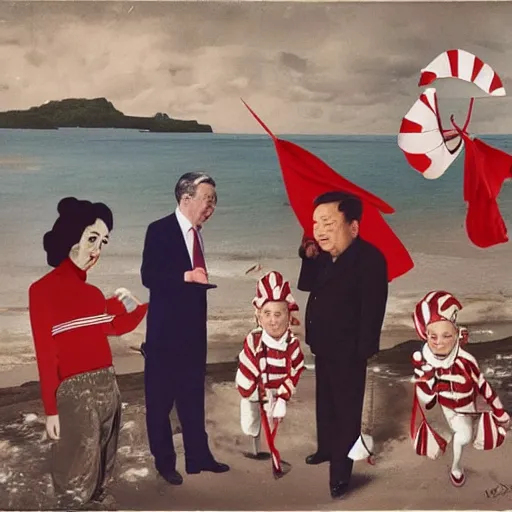 Prompt: george soros dressed as mao tse dong. where's wally, on a beach with beautiful girls, flying a kite, by slavador dali