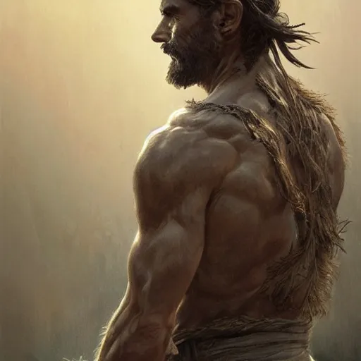 Prompt: back portrait of a rugged ranger, full body, hairy torso, half bun, D&D, fantasy, intricate, elegant, highly detailed, digital painting, artstation, concept art, matte, sharp focus, illustration, art by Artgerm and Greg Rutkowski and Alphonse Mucha