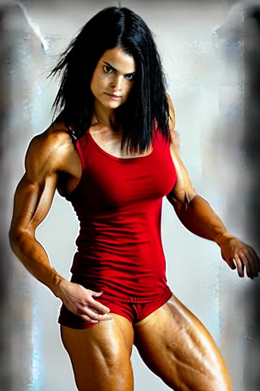 Image similar to realistic photograph. warrior woman, 2 7, in her bedclothes. tight white tanktop shows strong feminine figure. loose comfortable red pajama pants. jaimie alexander. short hair, straight, ravenblack. faircomplected but tan. tall gracile, but thick ripped jacked vascular buff muscular arms and large ample female bust.