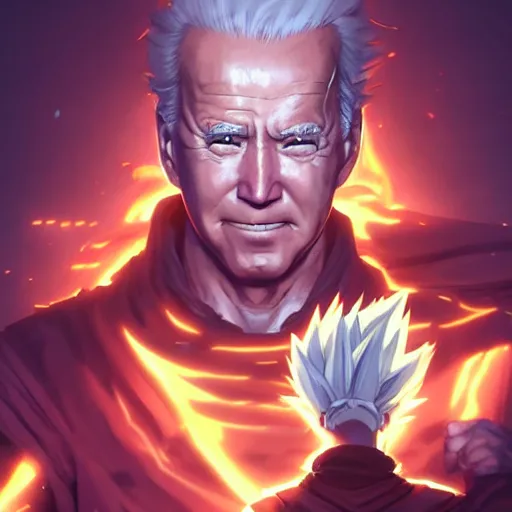 Image similar to biden super saiyan, cinematic lighting, highly detailed, concept art, art by wlop and artgerm and greg rutkowski, masterpiece, trending on artstation, 8 k