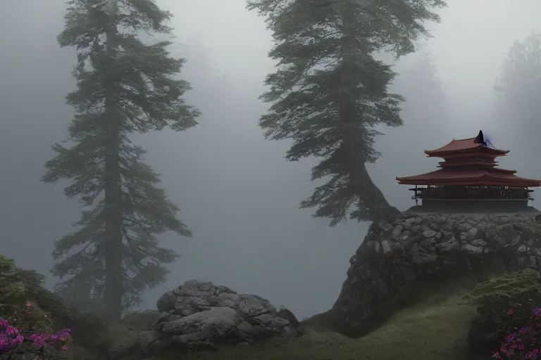 Image similar to beautiful buddhist temple, mountain location, fog, serene, artstation, trending, monk by quentin mabille