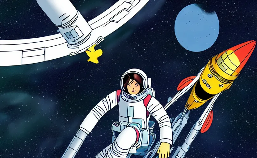 Image similar to a female astronaut floating in a scenic space environment in the style of yoko tsuno