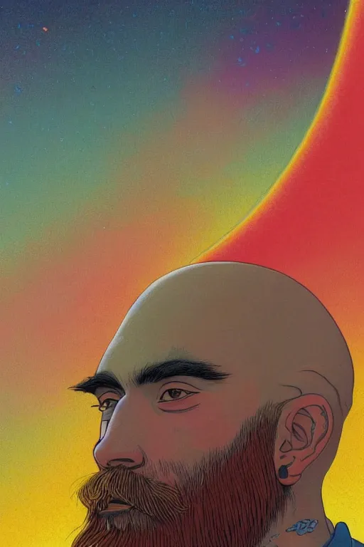 Prompt: a colorful closeup portrait of a beautiful young bald man with a very long wild beard dreaming psychedelic hallucinations in the vast icy landscape of antarctica, by kawase hasui, moebius and edward hopper, colorful flat surreal design, hd, 8 k, artstation