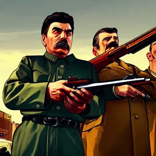 Prompt: joseph stalin pointing a gun at person in GTA V loading screen, HD