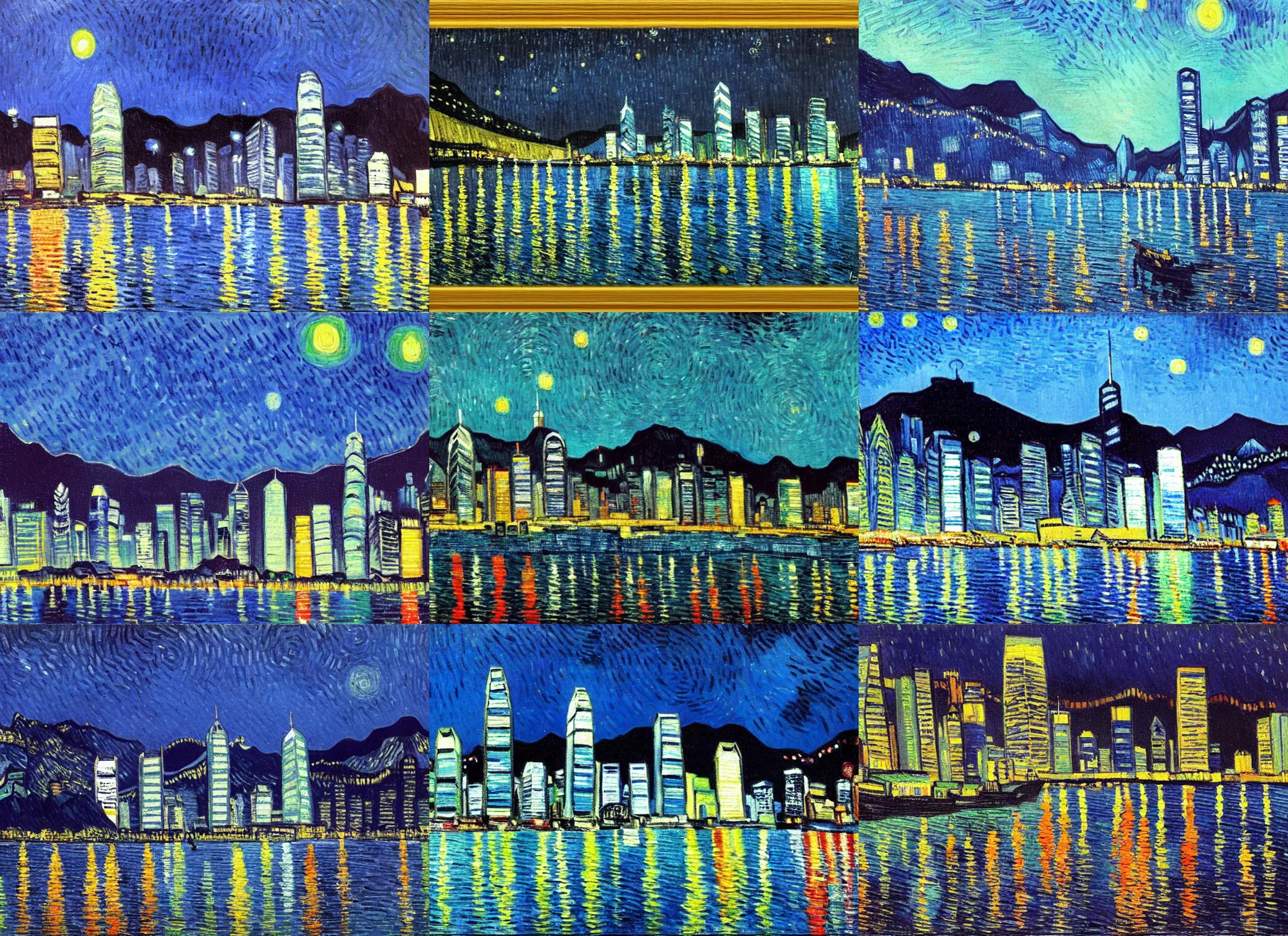 Prompt: hong kong skyscrapers and mountains at night, water reflection, painting by vincent van gogh, post impressionism, high quality