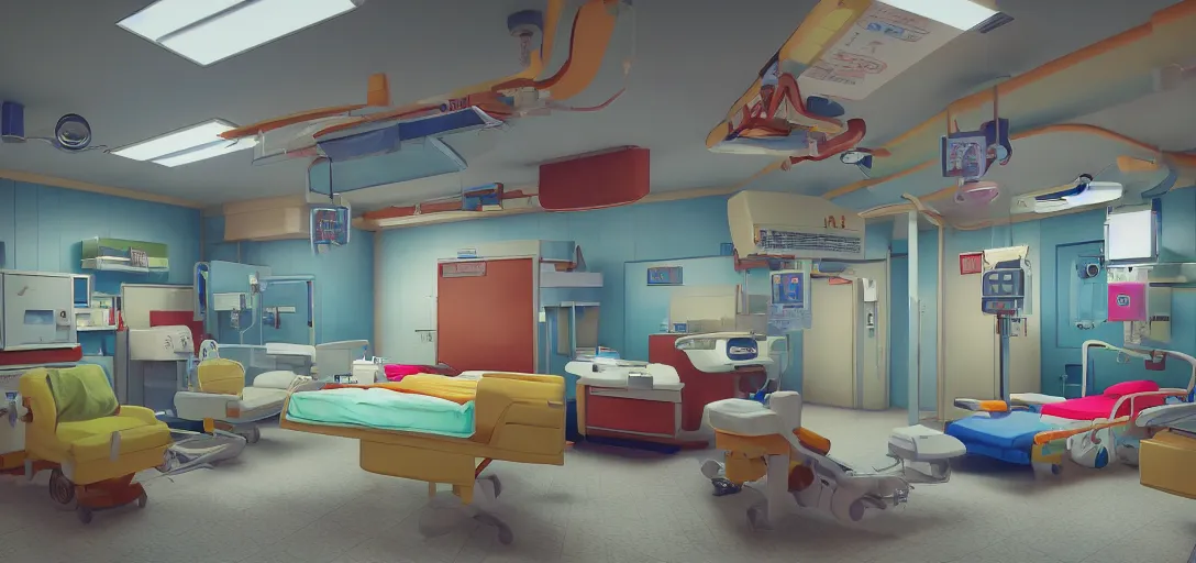 Image similar to retro hospital, colorful, 8 k photorealistic, hd, high details, trending on artstation