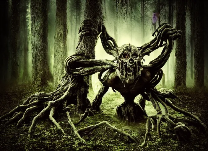 Image similar to an incredibly scary and very very unique monster creature of evil nature with animal, human and tree like characteristics, ancient folk legend in the forest, extremely creative and detailed, gloomy colors, 1 8 mm lens, digital medium format photography