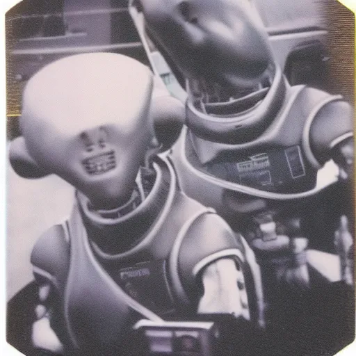 Prompt: old polaroid photo of first contact with the grey aliens