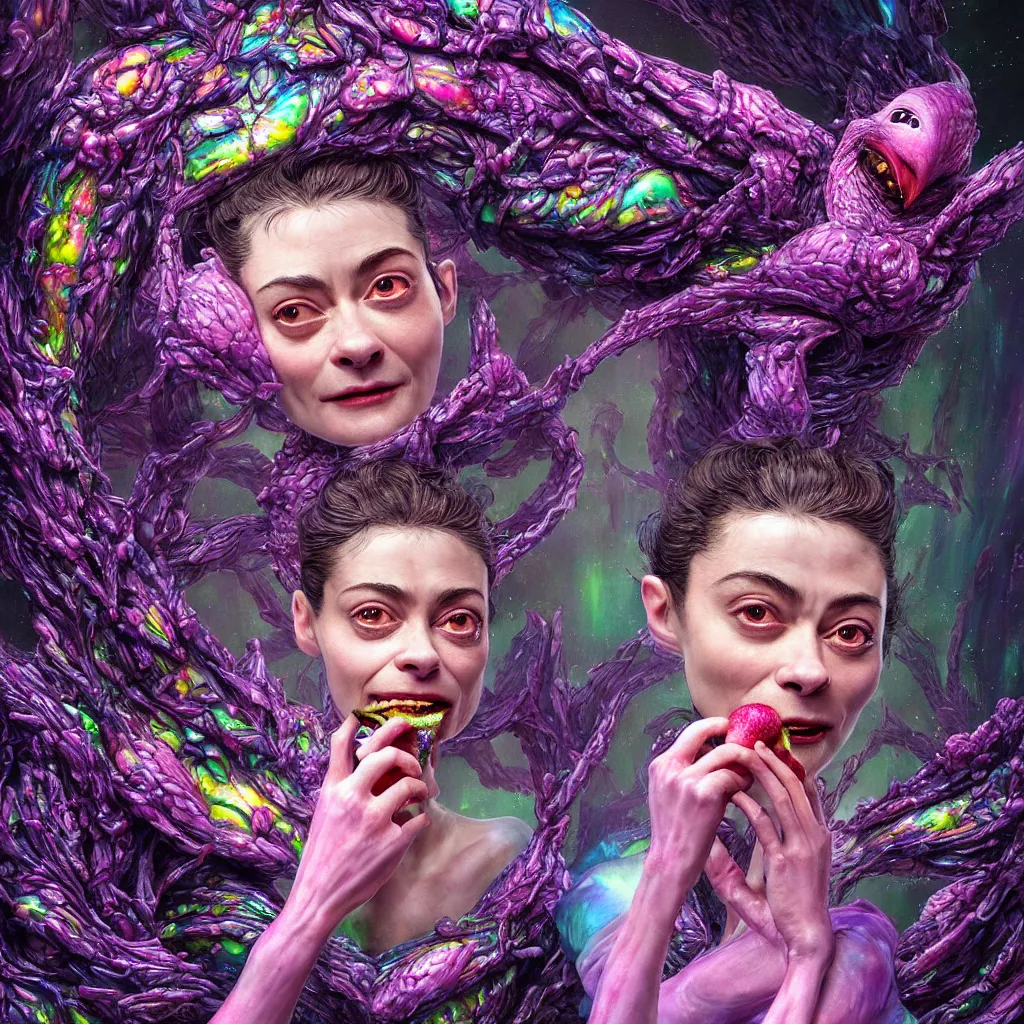 Prompt: hyper detailed 3d render like a Oil painting - kawaii portrait Aurora (a skeksis from dark crystal that looks like Audrey Tautou in Amelie crossed with Rami Malek) seen Eating of the Strangling network of yellowcake aerochrome and milky Fruit and His delicate Hands hold of gossamer polyp blossoms bring iridescent fungal flowers whose spores black the foolish stars by Jacek Yerka, Ilya Kuvshinov, Mariusz Lewandowski, Houdini algorithmic generative render, Abstract brush strokes, Masterpiece, Edward Hopper and James Gilleard, Zdzislaw Beksinski, Mark Ryden, Wolfgang Lettl, hints of Yayoi Kasuma, octane render, 8k