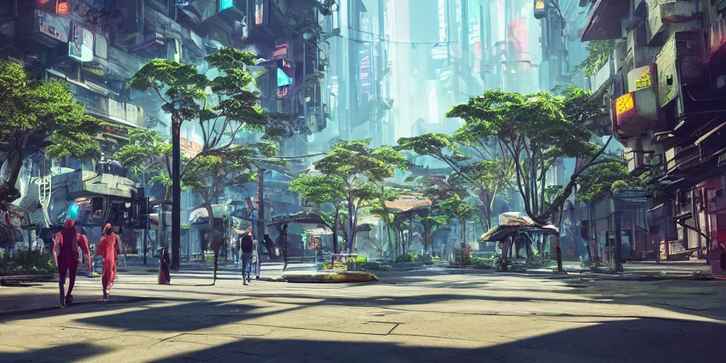 Image similar to professional photo from the streets of a futuristic utopian cyberpunk thriving city full of botanical gardens, floral, advanced economy, tree varieties, 4k, highly detailed, Unreal Engine, ray trace, octane render