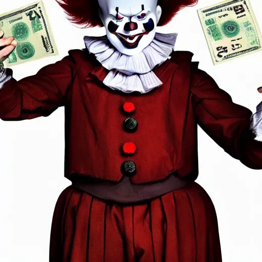 Image similar to Pennywise the clown wearing a suit and holding a banknote in his hands, full body shot, highly-detailed