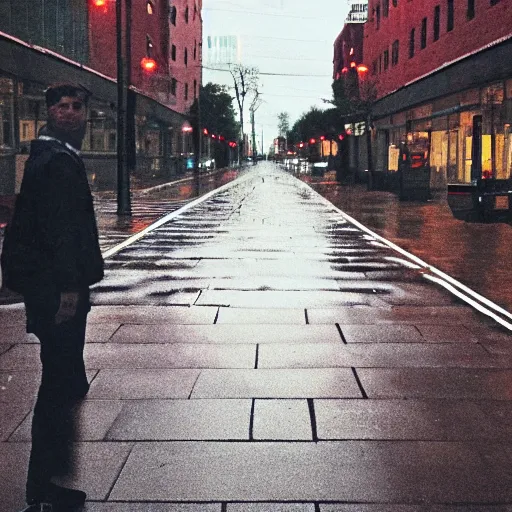 Image similar to connor kenway on the street of modern boston, rainy evening, sharp focus, shot on iphone,