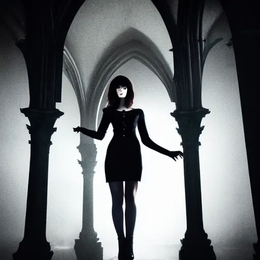 Prompt: medium shot of mary elizabeth winstead as a vampire in a gothic cathedral at night, gloomy, cinematic, ground mist, volumetric light.