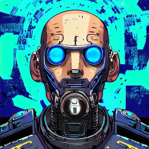 Image similar to cell shaded portrait of a cybernetic blue bald soldier with glowing blue eyes as Borderlands 3 concept art, llustration, post grunge, concept art by josan gonzales and wlop, by james jean, Victo ngai, David Rubín, Mike Mignola, Laurie Greasley, highly detailed, sharp focus,alien,Trending on Artstation, HQ, deviantart, art by artgem