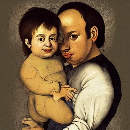 Prompt: hyperdetailed maximalist half-lenght portrait of a father with son. childrenbook illustration in the style of Caravaggio and Raffaello and Paul Klee. pastel tones. matte background.