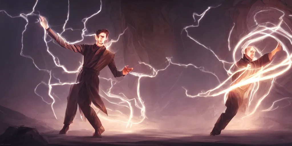 Prompt: a male sorcerer that looks like nikola tesla casting a lighting spell, light rays, bloom, epic pose, dramatic lighting, concept art, by dan luvisi, jason chan and gilles beloeil