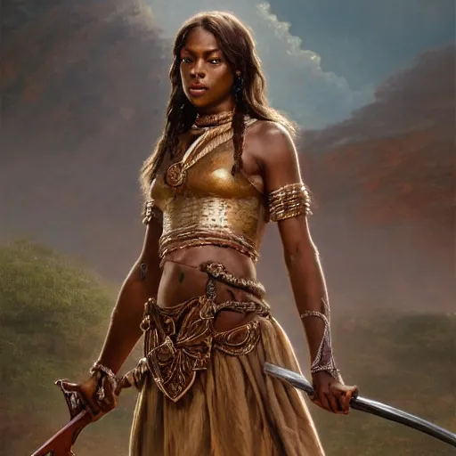 Image similar to artstation concept of a beautiful girl holding a sword in both hands, brown skin, sweaty skin, symmetrical face, casual white garment, brown canyon background, shiny colorful, hyperdetailed, artstation trending, world renowned artists, worth1000.com, historic artworks society, antique renewel, cgsociety, by greg rutkowski, by Gustave Dore, Deviantart