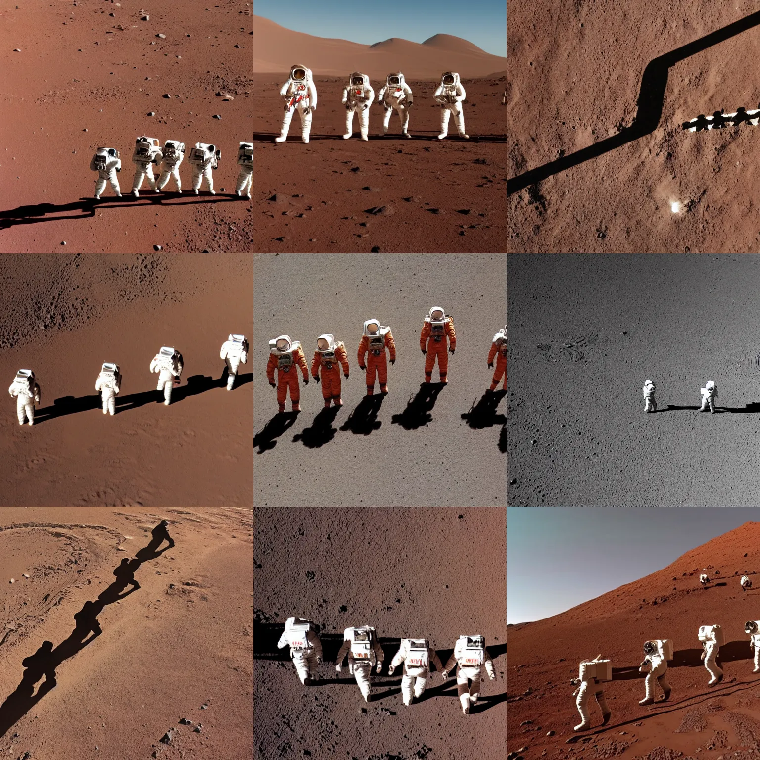 Prompt: Four astronauts walking in a straight line on red planet among rocks, casting long shadows on the ground.