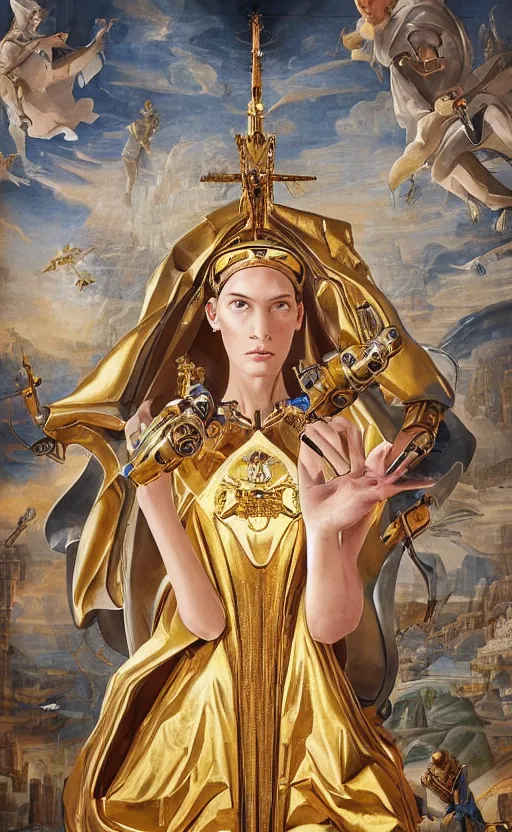 Prompt: mural of a young cyborg woman, beautiful royal gown, golden detailing, sci fi weapon, reaching towards the heavens, sci fi world, highly detailed holy imagery, renaissance mural, mural in the style of sandro boticceli