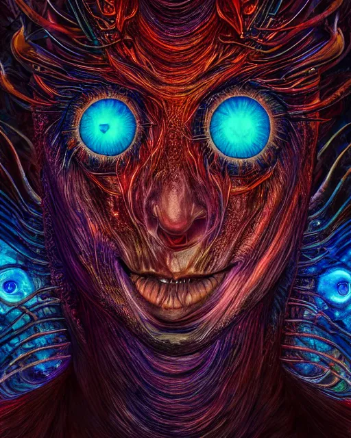 Image similar to realistic portrait of a creature experiment gone wrong, opened portal, psychedelic, dark art, facing camera, photo realistic, detailed, 1 4 5 0, delicate, hyper realism, ultra realistic, 8 k