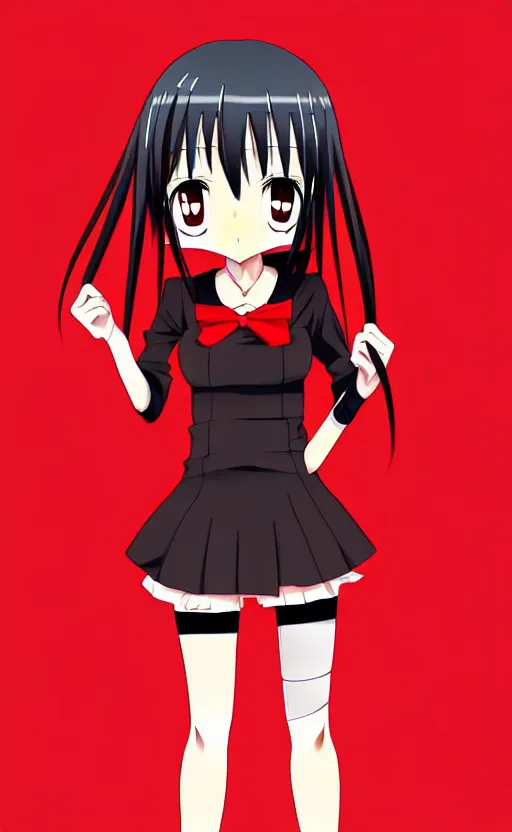Image similar to anime girl with a detailed face and black hair in a red outfit under an empty space, full body, trending, illustration