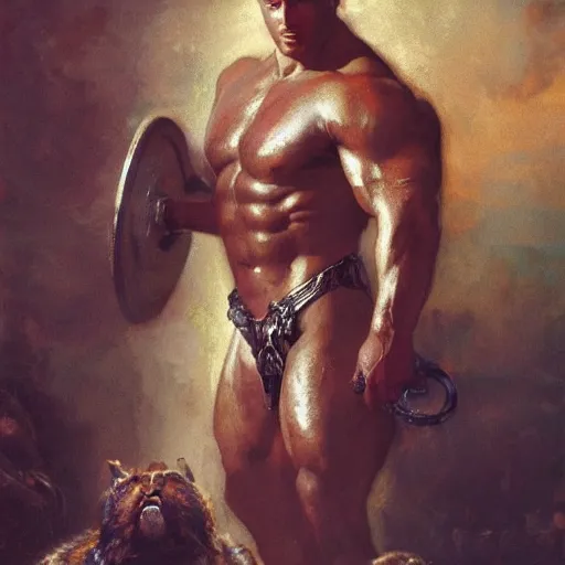 Image similar to handsome portrait of a spartan guy bodybuilder posing, wearing animal fur cape, radiant light, caustics, by gaston bussiere, bayard wu, greg rutkowski, giger, maxim verehin