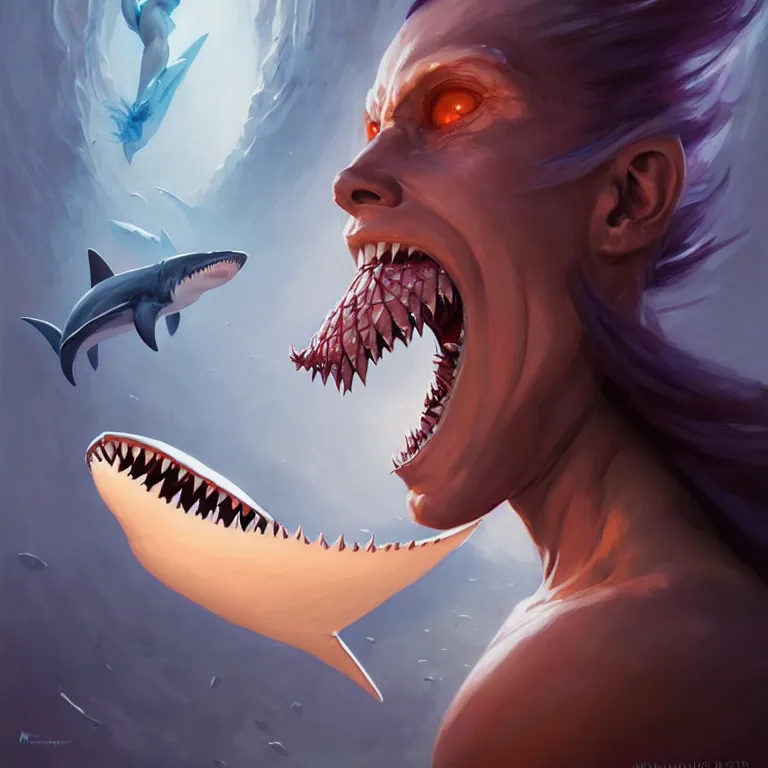 Prompt: a portrait of a stunning humanoid shark - woman revealing her shark teeth, by mandy jurgens and pete mohrbacher and and greg rutkowski, in frame, detailed facial features, fantasy, d & d, key art