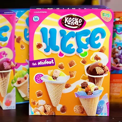 Image similar to the front of a kids cereal box for 'ice cream' cereal, featuring a levitating ice cream cone filled with pieces of cereal that resemble little ice cream cones