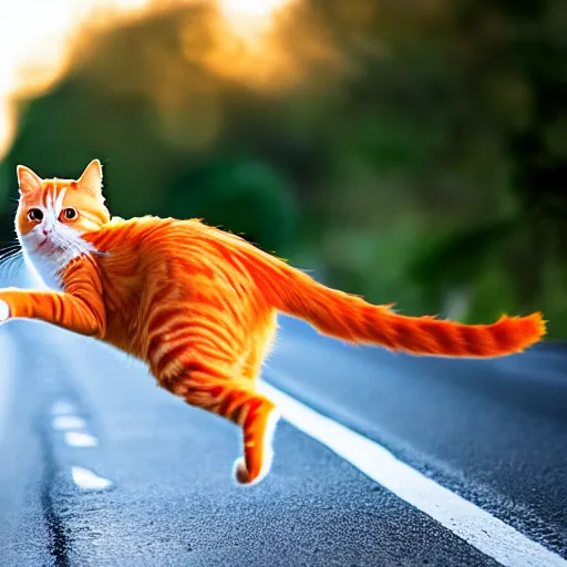 Image similar to a very fast orange cat flying through the road, high definition, beautiful award winning photography, 8 k.