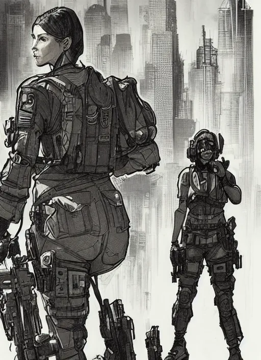 Image similar to Maria. USN female special forces operator looking at city skyline. Agent wearing Futuristic stealth suit. rb6s Concept art by James Gurney, Alphonso Mucha.