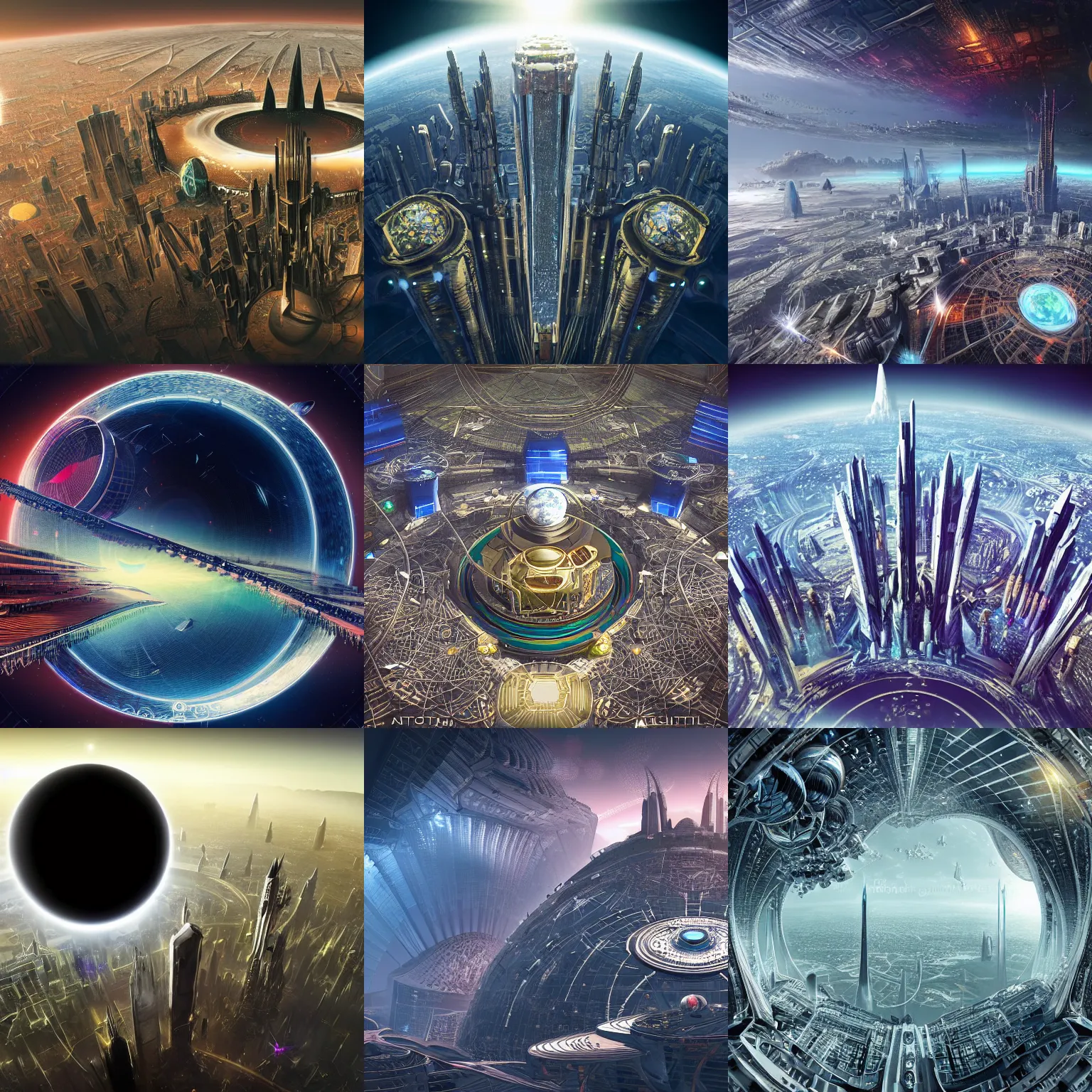 Prompt: orbital perspective of a utopian futuristic planet with a huge gargantuan building and city megastructure big enough to protrude from the planet atmosphere, epic, vast, gothic, space scene, technology, jewelled, ornate, beautiful, crystals, colorful, dark, rich, intricate detail, realistic, epic, gargantuan