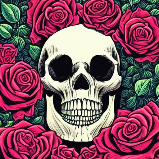 Prompt: ortographic view of a large skull and gothic roses by Jen Bartel and Dan Mumford and Satoshi Kon, gouache illustration