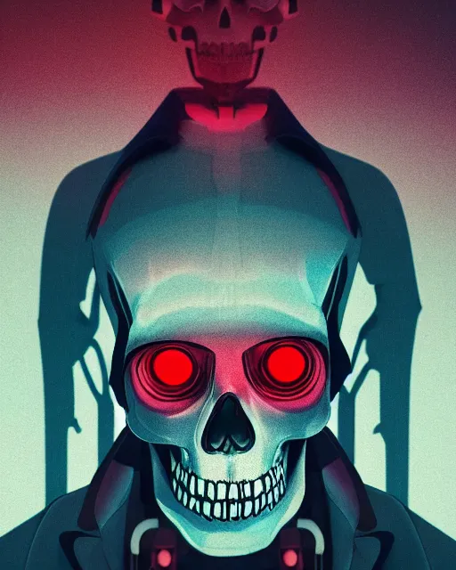 Image similar to dramatic cyberpunk portrait of a skeleton in a suit, colored skull, red green blue color glow, atmospheric haze, intense shading, optic ripple, backlit, bokeh, centered