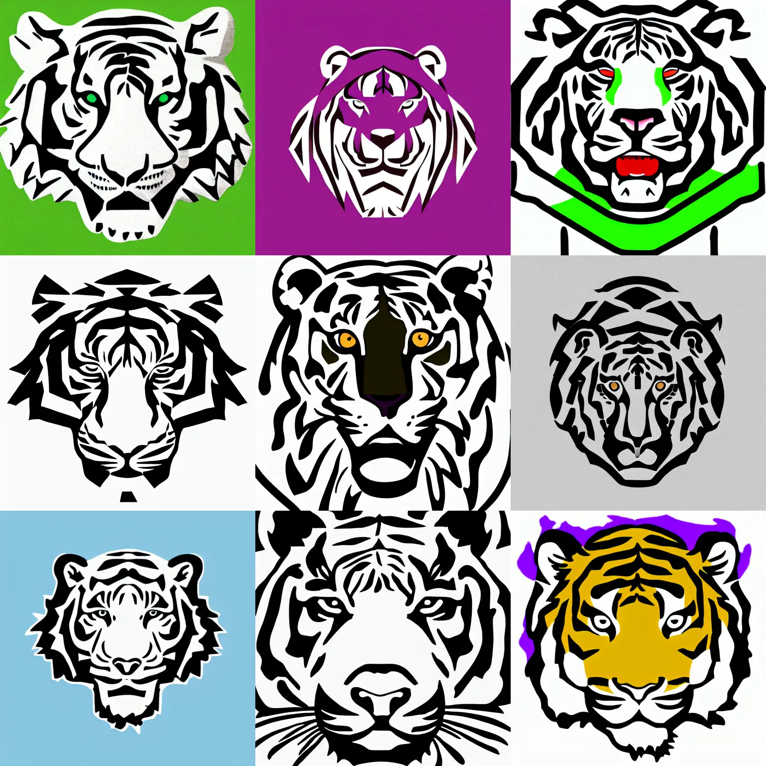 Prompt: a minimalist logo of the head of a roaring tiger, lime and violet