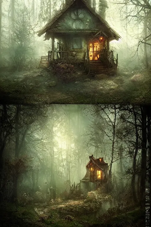 Prompt: a ramshackle cabin in the woods, magical forest, fairytale style, Fairycore, cottagecore, fantasy, by Bastien Lecouffe Deharme
