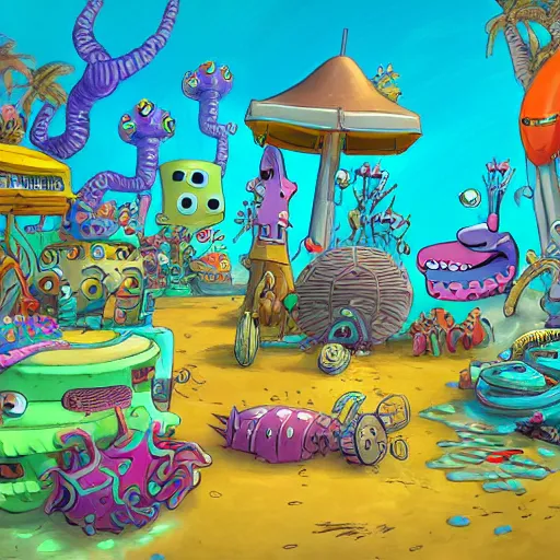 Image similar to bikini bottom drawn by stephen hillenburg, dynamic lighting, fantasy concept art, trending on art station, stunning visuals, creative, cinematic, ultra detailed