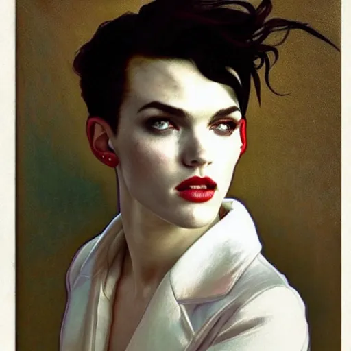 Prompt: comely portrait of androgynous ruby rose as desire from sandman in a white tuxedo!!!, rockabilly style,, by alphonse mucha, by jeremy mann, by peter lindbergh, dave mckean, by frank moth, white suit and black tie, soft lightning, high detailed, 8 k