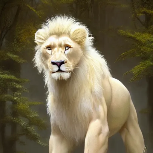 Image similar to aesthetic portrait commission of a of a male fully furry muscular anthro albino lion in orange in attractive outfit made entirely out of forest ferns,digital art,art by greg rutkowski, charles bowater, charlie bowater, ross tran, artgerm, and makoto shinkai, detailed face, hyperdetailed, photorealistic, artstation, deviantart, 4k, detailed, inked, western comic book art, award winning painting ,high definition