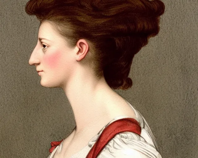 Image similar to colored portrait. a very unique profile, seen from the side, medium shot, of a woman's profile, with sharp face, a straight and very long nose, and huge prominent eyes. her hair is curly. old photograph. sharp image. watercolor. highly detailed, color harmony, art station, ornate, caravaggio style. old photography