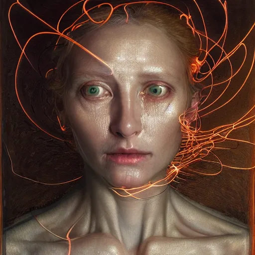 Prompt: portrait of a woman, covered in transparent cloth, plastic, glowing eyes, flat background, Masterpiece, glowing, wires everywhere, by Edgar Maxence and Ross Tran, Zdzisław Beksiński, and Michael Whelan, distant, gustav dore, H.R. Giger, 8k, octane render