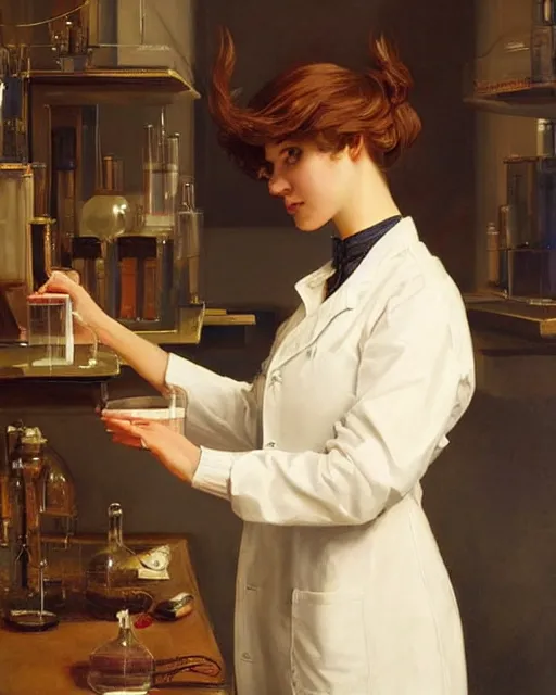 Prompt: a female professor doing experiments in her lab, oil on canvas, artstation, by j. c. leyendecker and edmund blair leighton and charlie bowater, beautiful face, octane, very aesthetic!!!!!!!!!!!!!!!