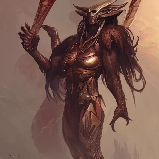 Image similar to The Predator, warrior scene, fantasy, intricate, elegant, highly detailed, digital painting, artstation, concept art, smooth, sharp focus, illustration, fine art by artgerm, greg rutkowski, alphonse mucha