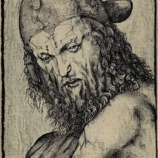 Image similar to albrecht durer woodcut portrait of a tattooed warrior celt man on a field