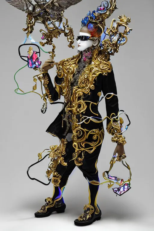 Image similar to full-body neon porcelain bladerunner and rococo style sculpture of a young handsome Cuban prince wearing cholo shades as a half android with a porcelain chest opening exposing circuitry and electric sparks, glowing laser beam eyes, crown of giant diamonds, flowing neon-colored silk, fabric, raptors. baroque elements. full-length view. baroque element. intricate artwork by caravaggio. many many birds birds on background. Trending on artstation, octane render, cinematic lighting from the right, hyper realism, octane render, 8k, depth of field, 3D