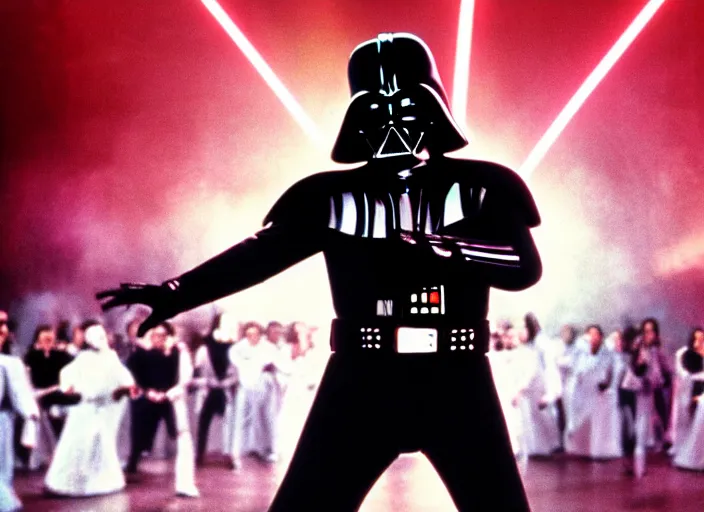 Image similar to film still of Darth Vader disco dancing exactly like John Travolta on the cover of Saturday Night Fever, 4k