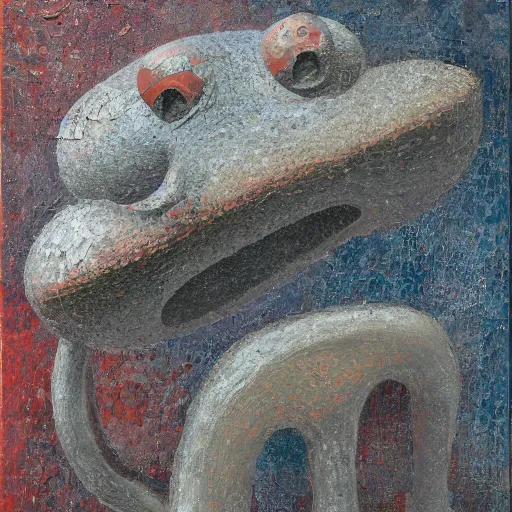 Image similar to detailed impasto painting by shaun tan and louise bourgeois of an abstract forgotten sculpture by ivan seal and the caretaker