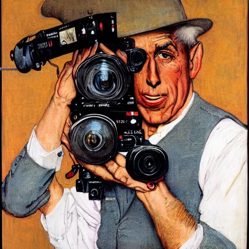 Image similar to norman rockwell painting of a man holding a large television - video - camera