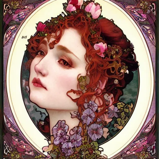 Prompt: realistic detailed face portrait of the goddess of Spring, red hair, roses and tulips, by Alphonse Mucha, Ayami Kojima, Amano, Charlie Bowater, Karol Bak, Greg Hildebrandt, Jean Delville, and Mark Brooks, Art Nouveau, Neo-Gothic, gothic, rich deep moody colors