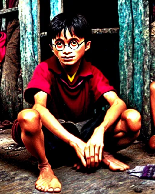 Image similar to high quality photo of harry potter as a poor filipino boy in the philippine slums, detailed photo